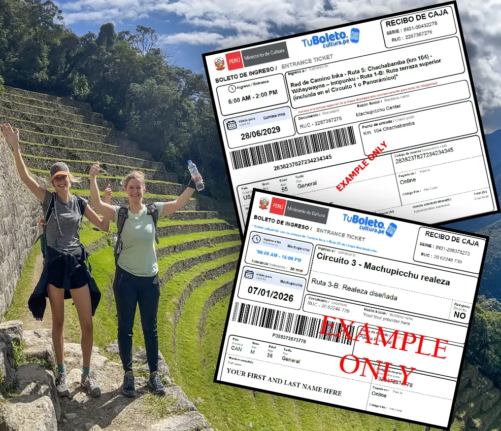 Officiel Permis de 2 jours pour le Chemin Inca à partir du KM104 avec billet d'entrée au Machu Picchu uniquement, comprenant le circuit 1C (Porte du Soleil) et le circuit 1B (Terrasse supérieure) du jour 1, ainsi que le circuit 3B (Temples Royaux) du jour 2. title=